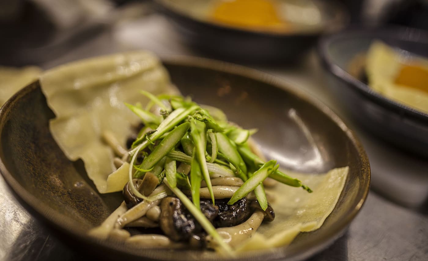 Homemade open Lasagna with willed mushroom and green asparagus