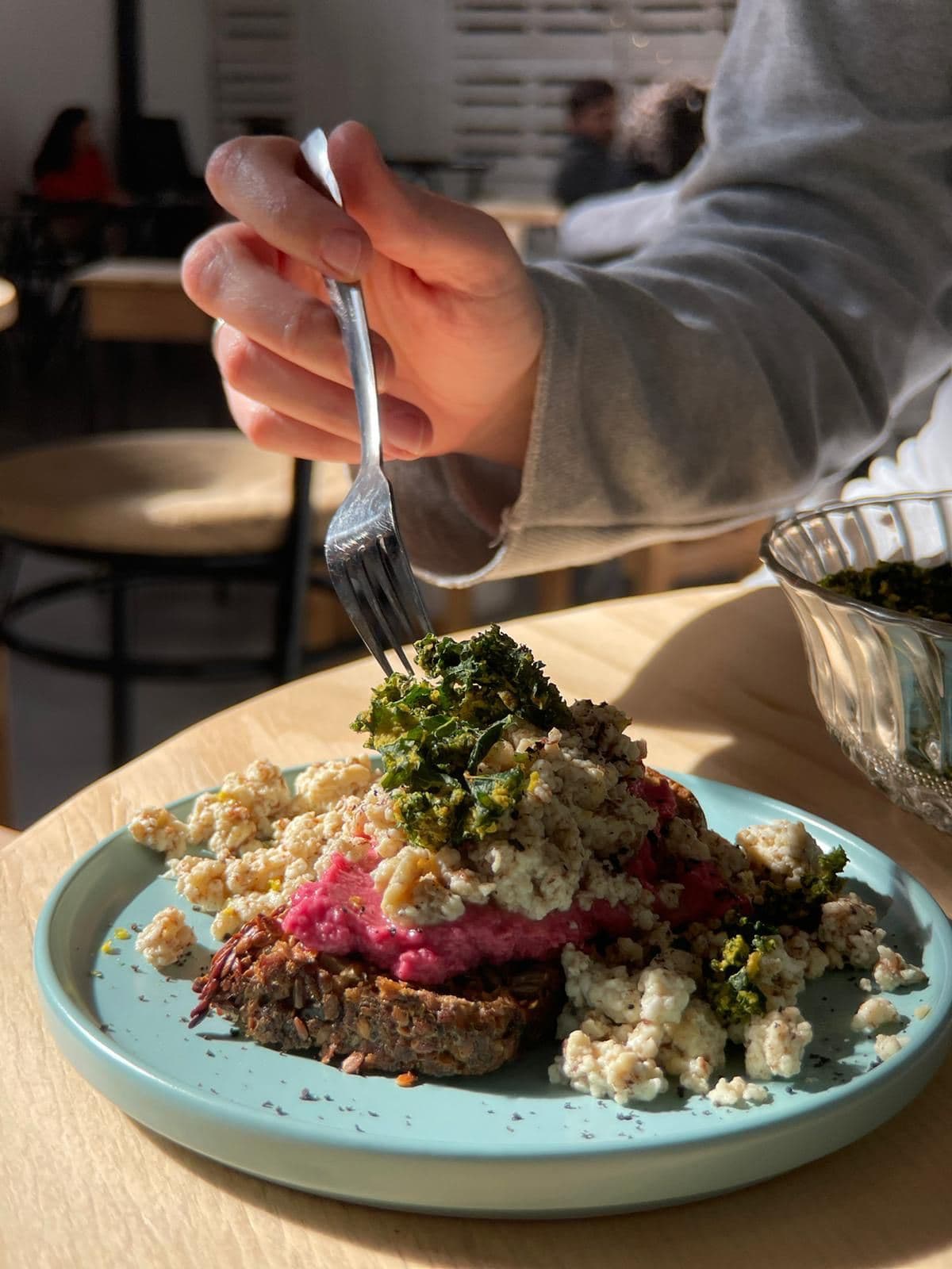Beetroot Hummus and Scrambled Eggs over Homemade GF Focaccia 