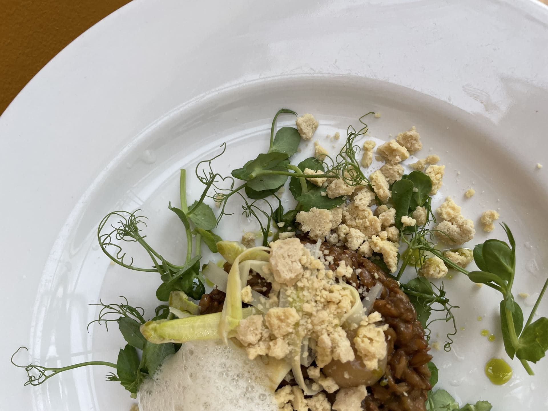 Tempeh Patties with Almond Foam, Pea Shoots and Peanuts Dukkah