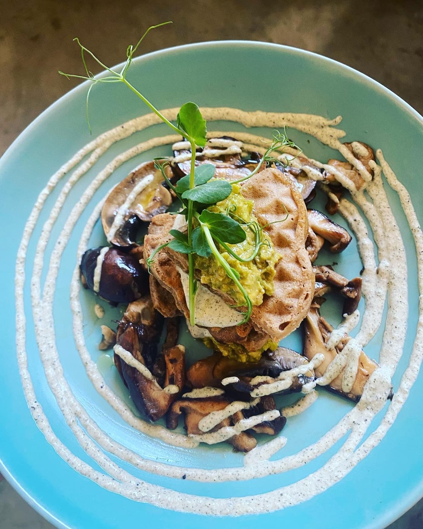 Marinated Shiitake Mushrooms, Hemp Seeds Sour Cream and Buckwheat Waffles