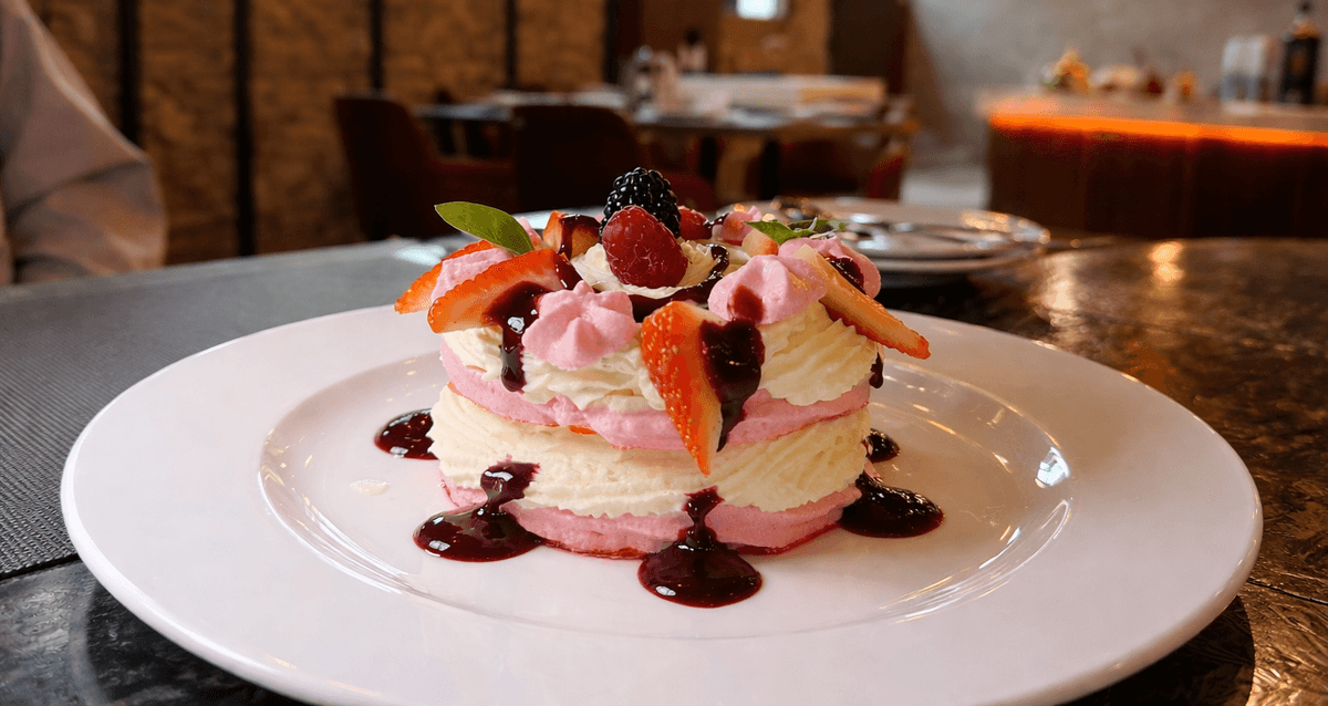 Pink Pavlova with Blueberries and Blackberries, raspberry 