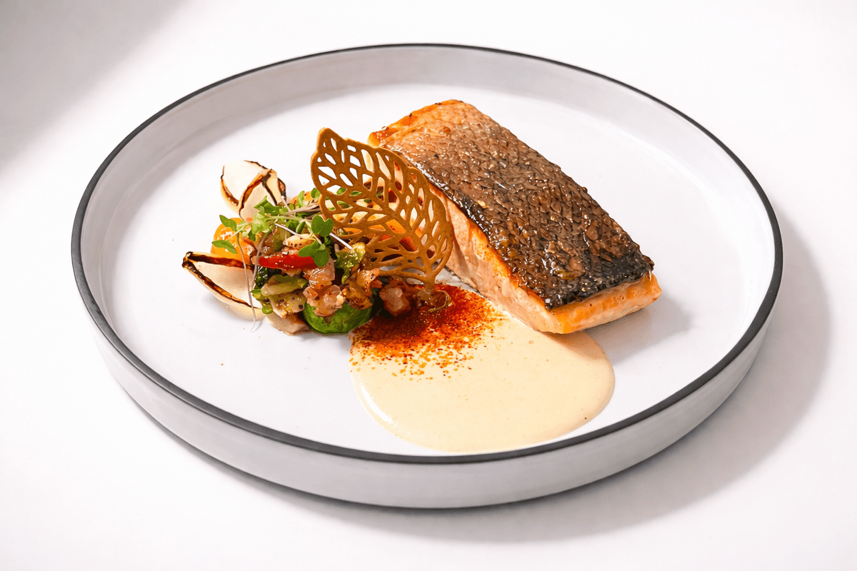 Roasted Salmon with Corn Purée and Vegetables