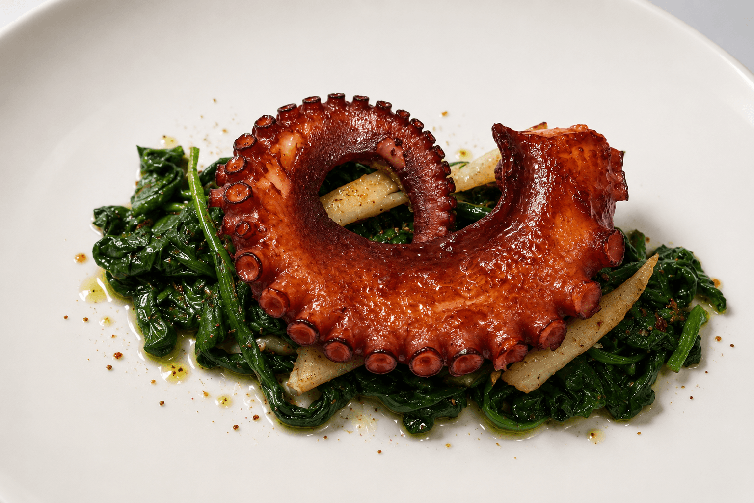 Seared Octopus in bed of spinach in ginger and sesame dressing 