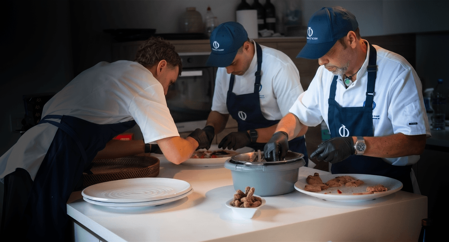 Chef carefully plating a gourmet dish in a professional kitchen.