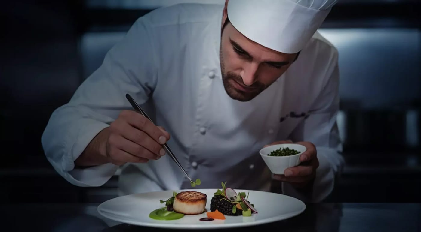 Chef carefully plating a gourmet dish in a professional kitchen.