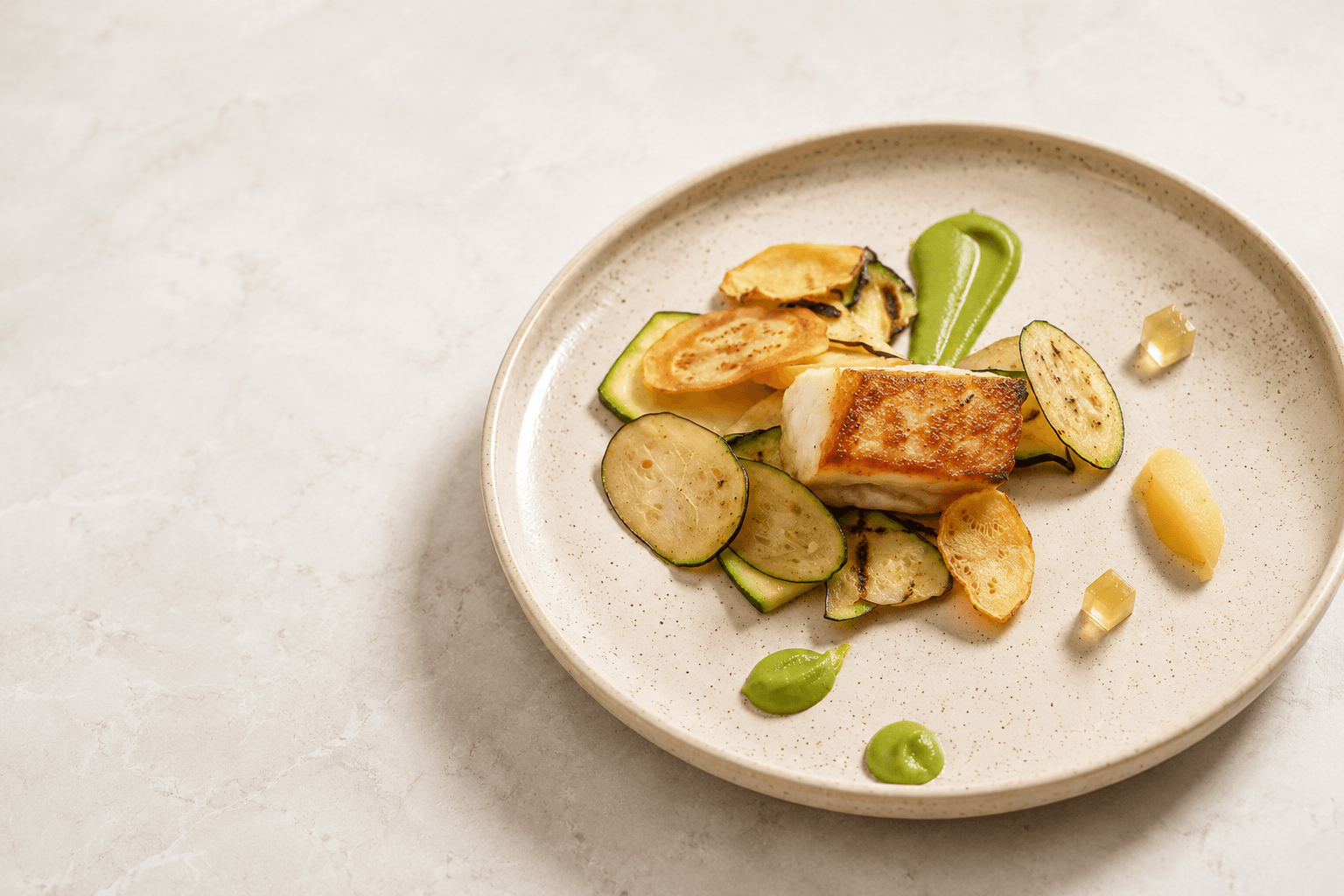 Pan-Seared Fish with Charred Zucchini, Crisp Potato and Herb Sauce
