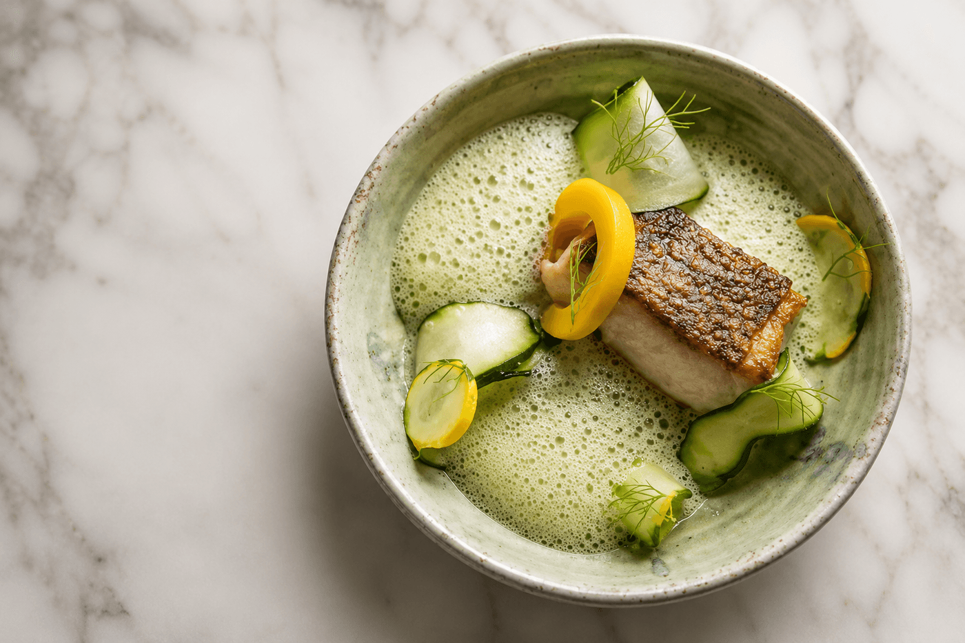 Sea bass, baby squash and pumpkin seed emulsion