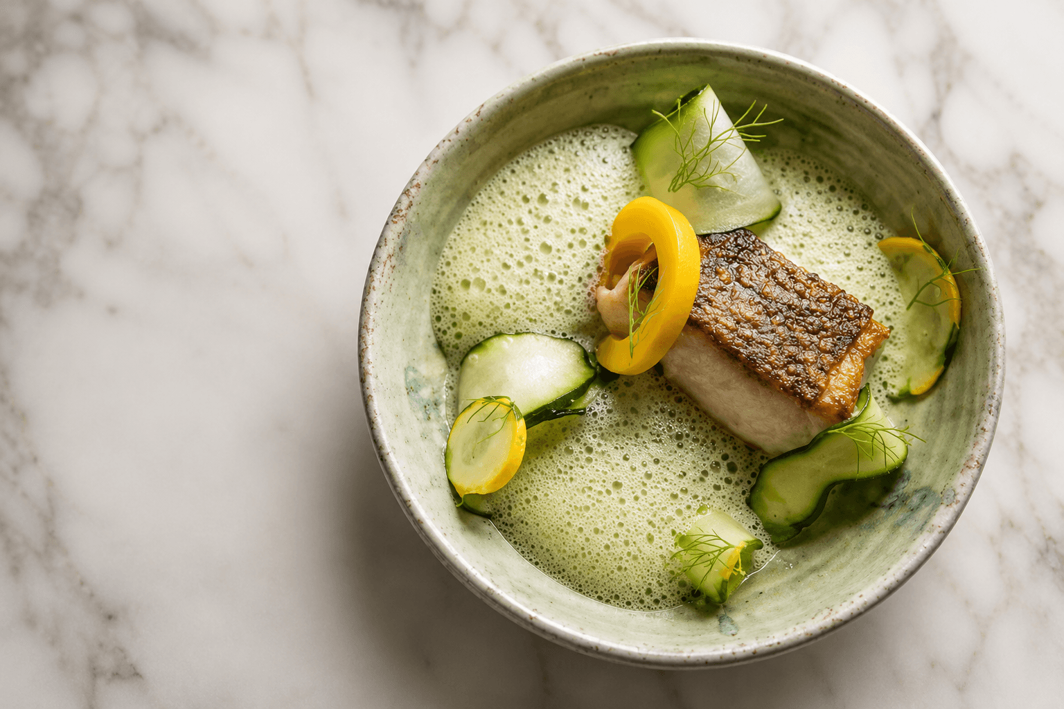 Sea bass, baby squash and pumpkin seed emulsion